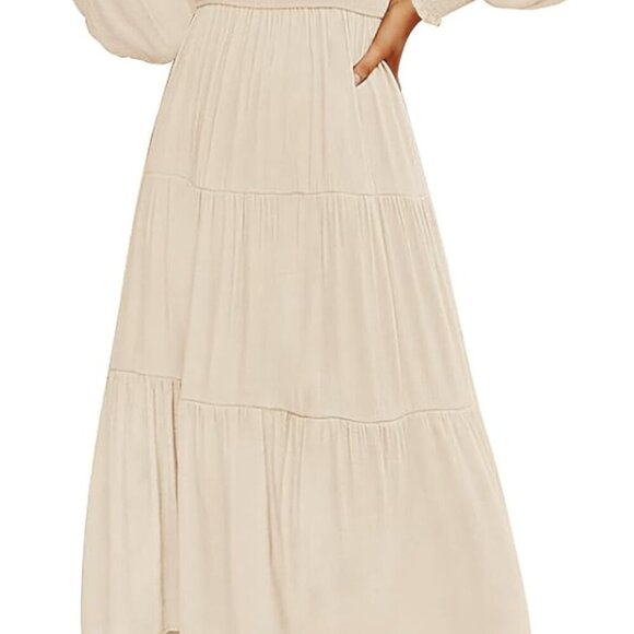 Women's Casual Long Sleeve Crew Neck High Waist Smocked Flowy Tiered Midi Dress